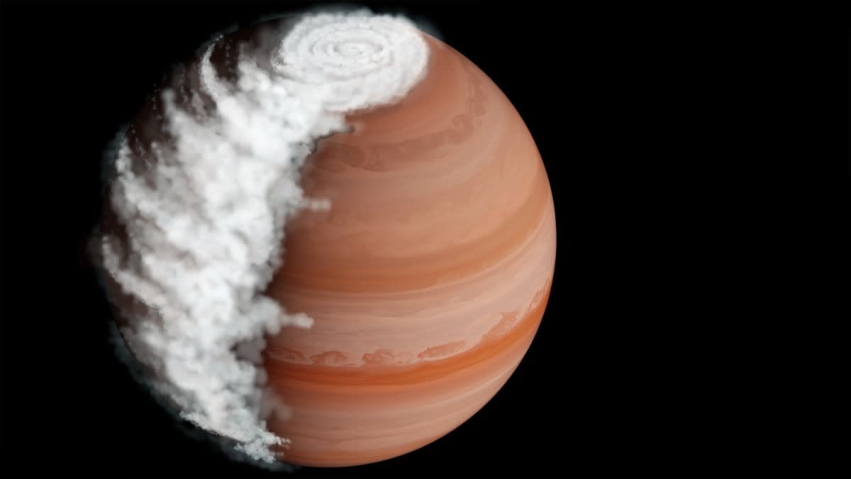 Artist's rendering of gas giant exoplanet WASP-94A b with clouds swirling in atmosphere