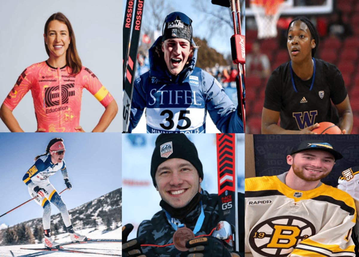 ** Three male athletes Jeremy Swayman, Gus Schumacher, and Andrew Kurka posing with Olympic medals