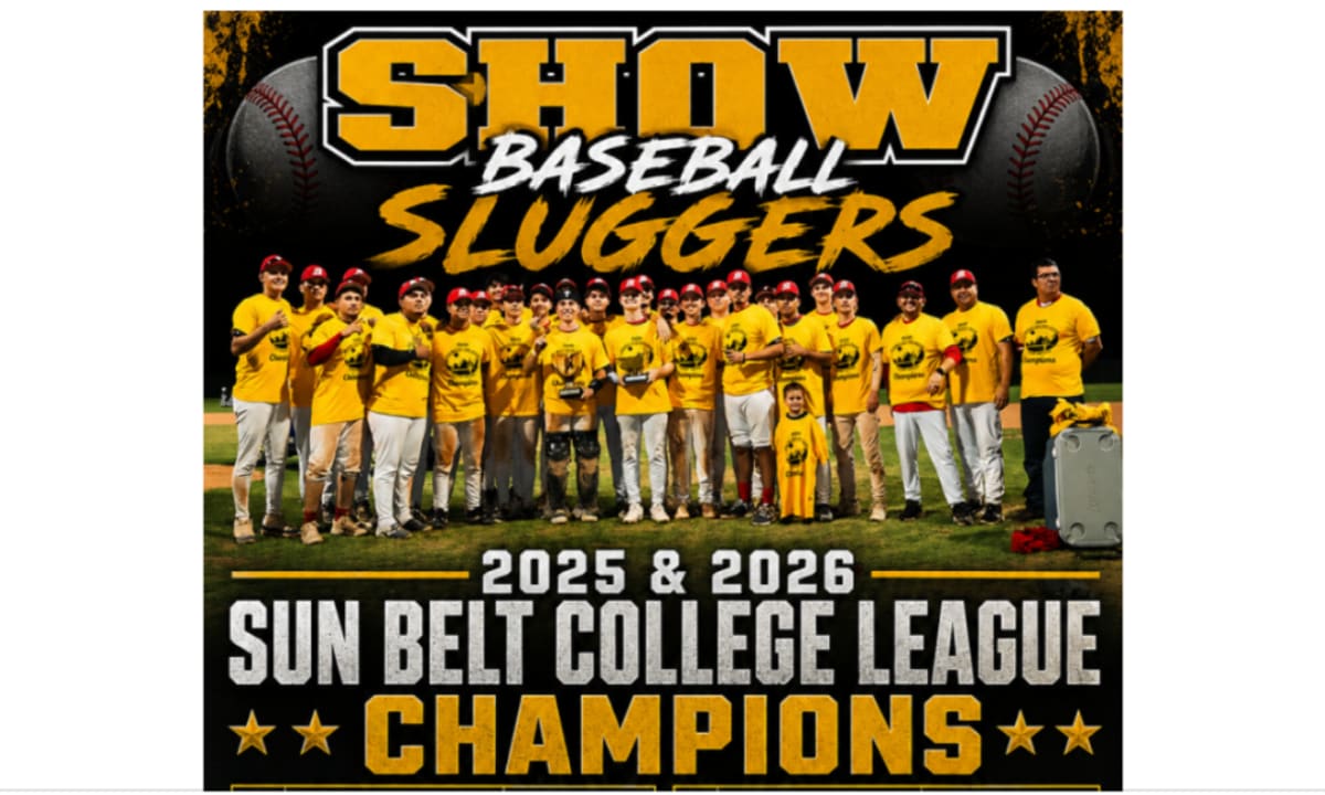 Baseball players celebrating championship victory with trophy at Kino Sports Complex in Tucson