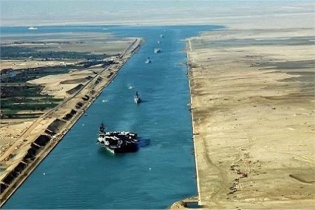 Massive CMA CGM VENDOME container ship transiting through Egypt's Suez Canal waterway