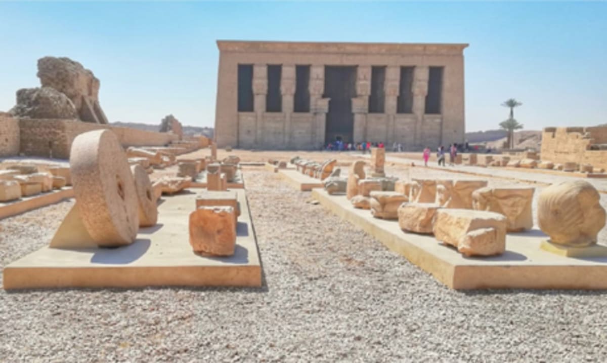 Ancient Temple of Hathor at Dendera showing preserved columns and ornate ceiling carvings