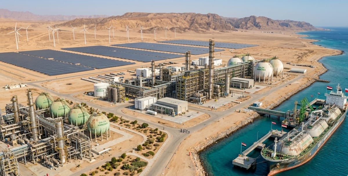 Aerial view of solar panels and wind turbines at green energy facility in Egypt desert