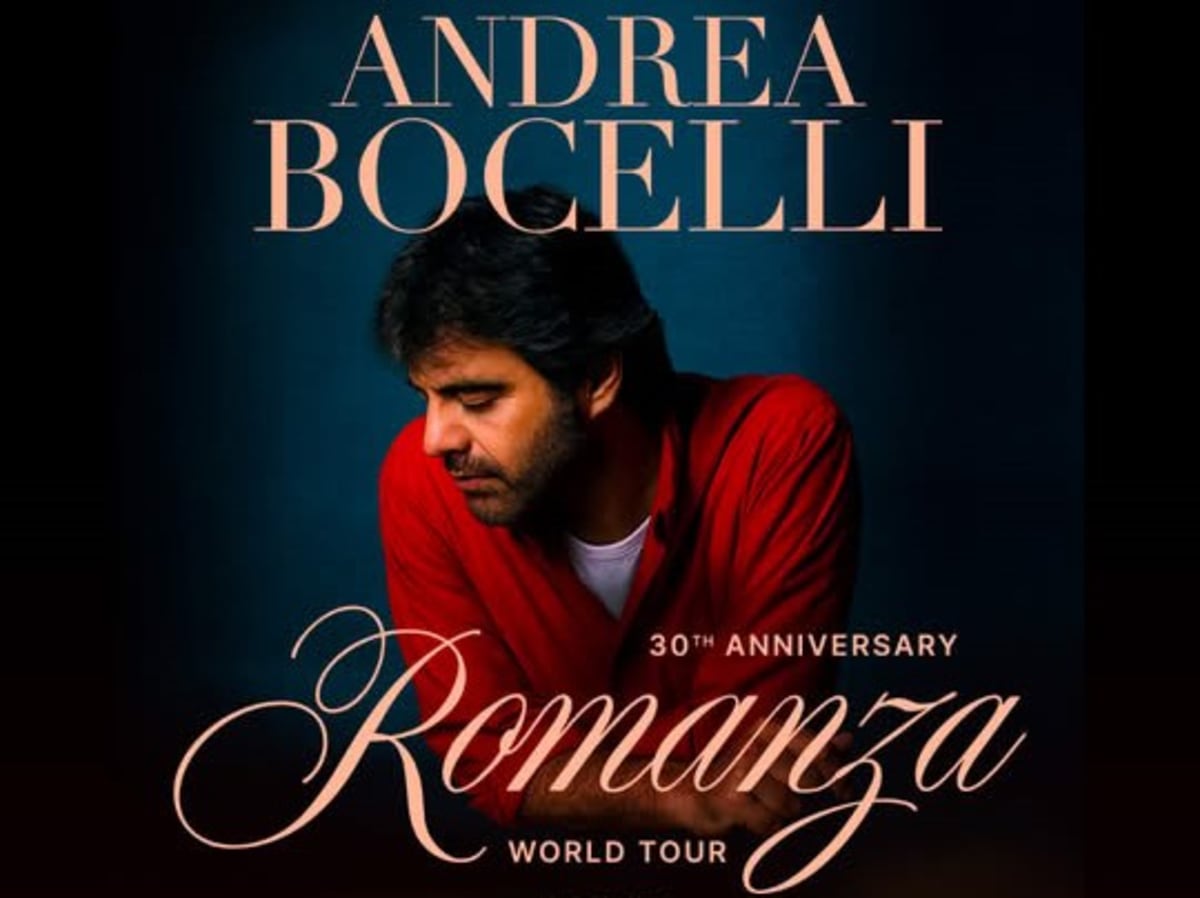 Andrea Bocelli performing in formal attire, celebrating his Romanza 30th anniversary world tour