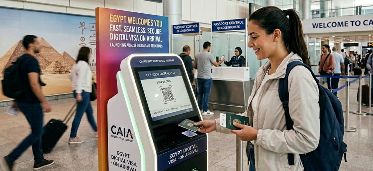 Traveler scanning digital QR code visa at modern Cairo International Airport passport control