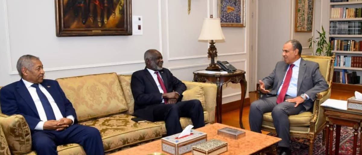 Egyptian and Sudanese government officials shaking hands during bilateral reconstruction planning meeting