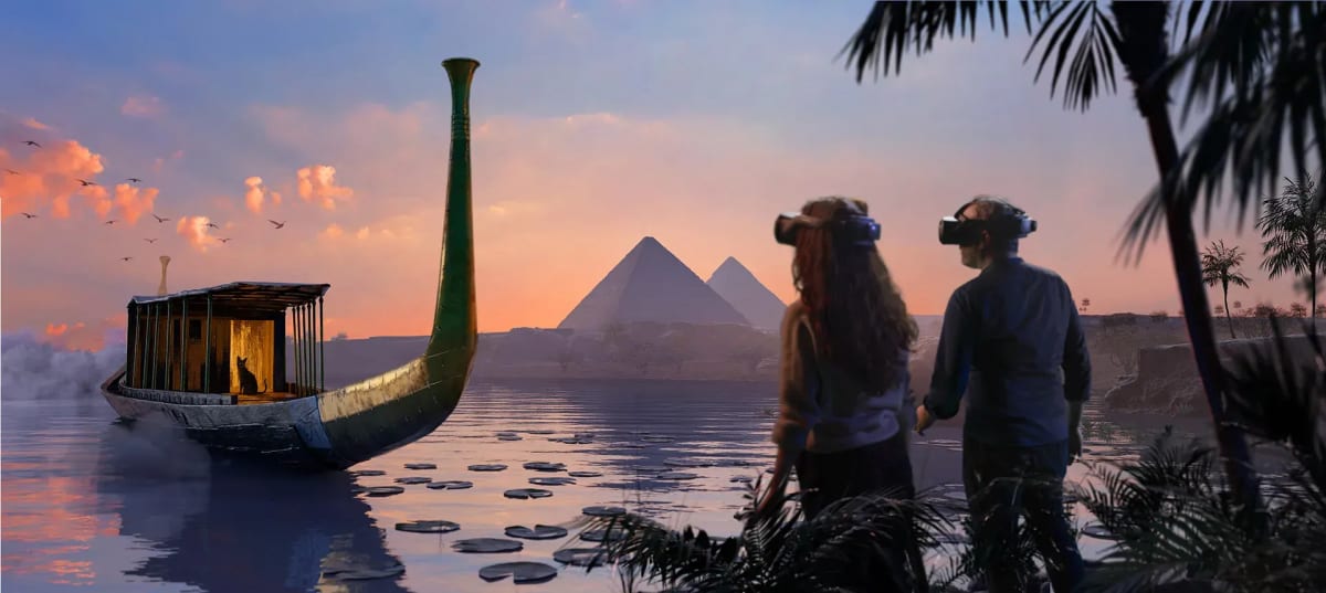 Virtual reality user exploring detailed interior chambers of ancient Great Pyramid of Giza