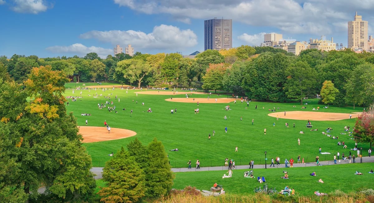 Aerial view of Central Park's Great Lawn filled with thousands of soccer fans watching giant screens