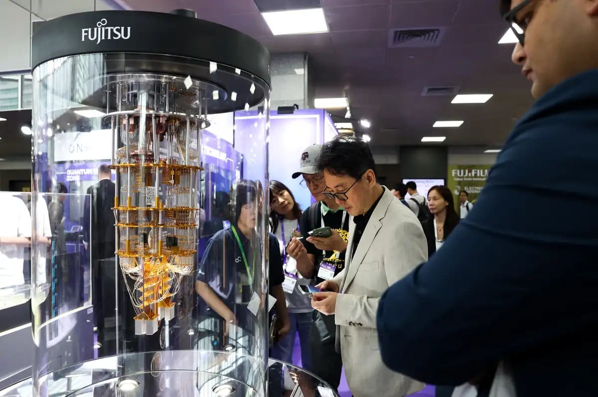 Advanced quantum computing equipment with glowing components displayed in modern technology facility
