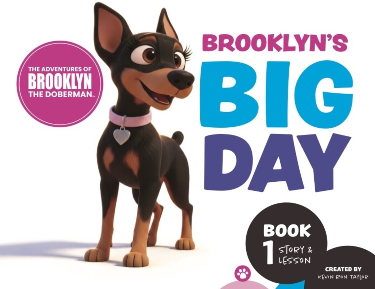 Illustrated Doberman Pinscher puppy character Brooklyn from new children's book about kindness and acceptance
