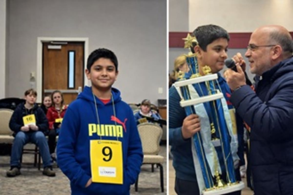 Middle school student Daksh Singh competing at Arkansas State Spelling Bee podium