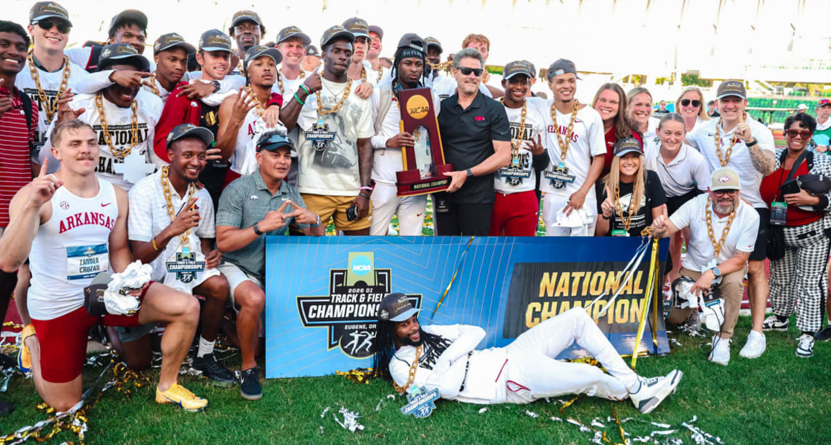 Arkansas Razorbacks track and field team celebrating NCAA outdoor championship victory in Eugene