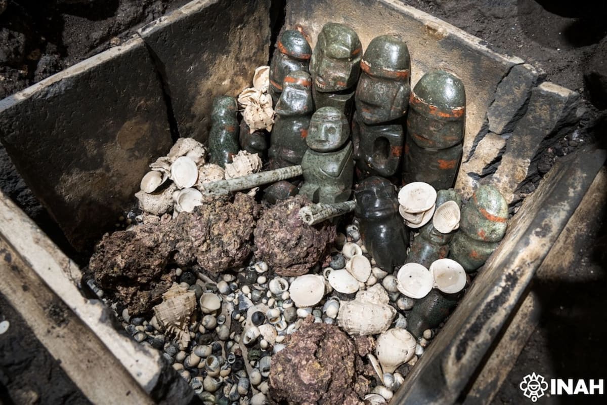 Ancient greenstone Aztec figurines discovered in ritual offering boxes at Templo Mayor excavation site