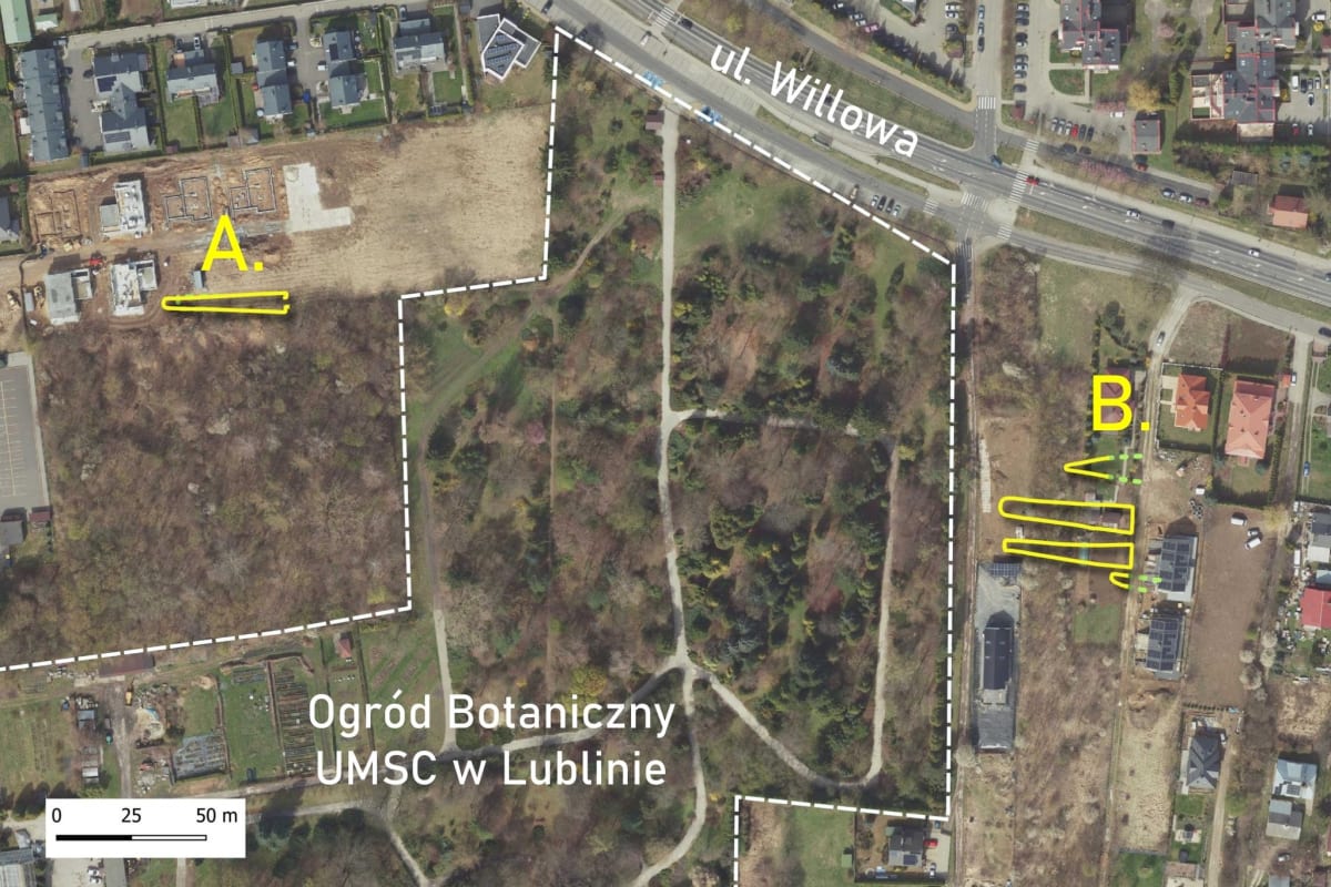 Archaeological excavation showing outline of ancient wooden tomb structure in Lublin Poland
