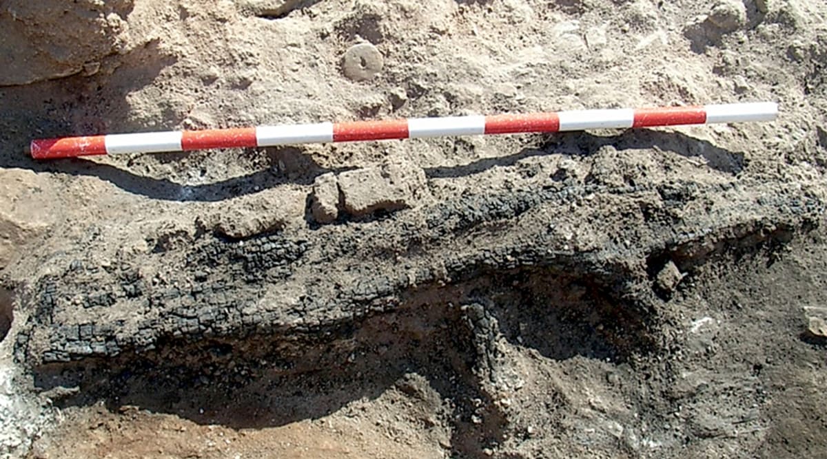 Ancient clay loom weights arranged in rows at Bronze Age archaeological site in Spain