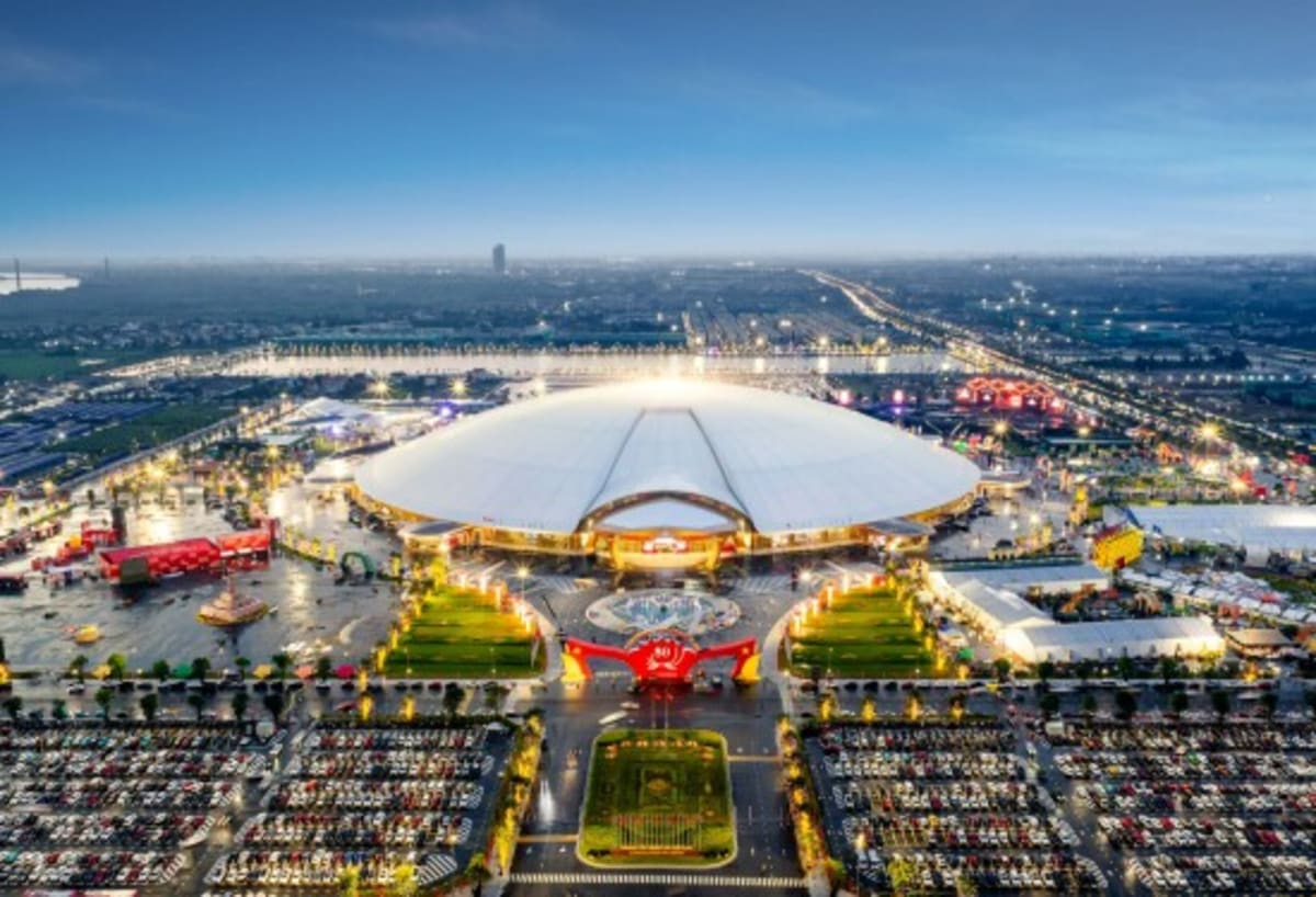 Aerial view of Vietnam Exposition Center's massive exhibition halls and modern facilities in Hanoi