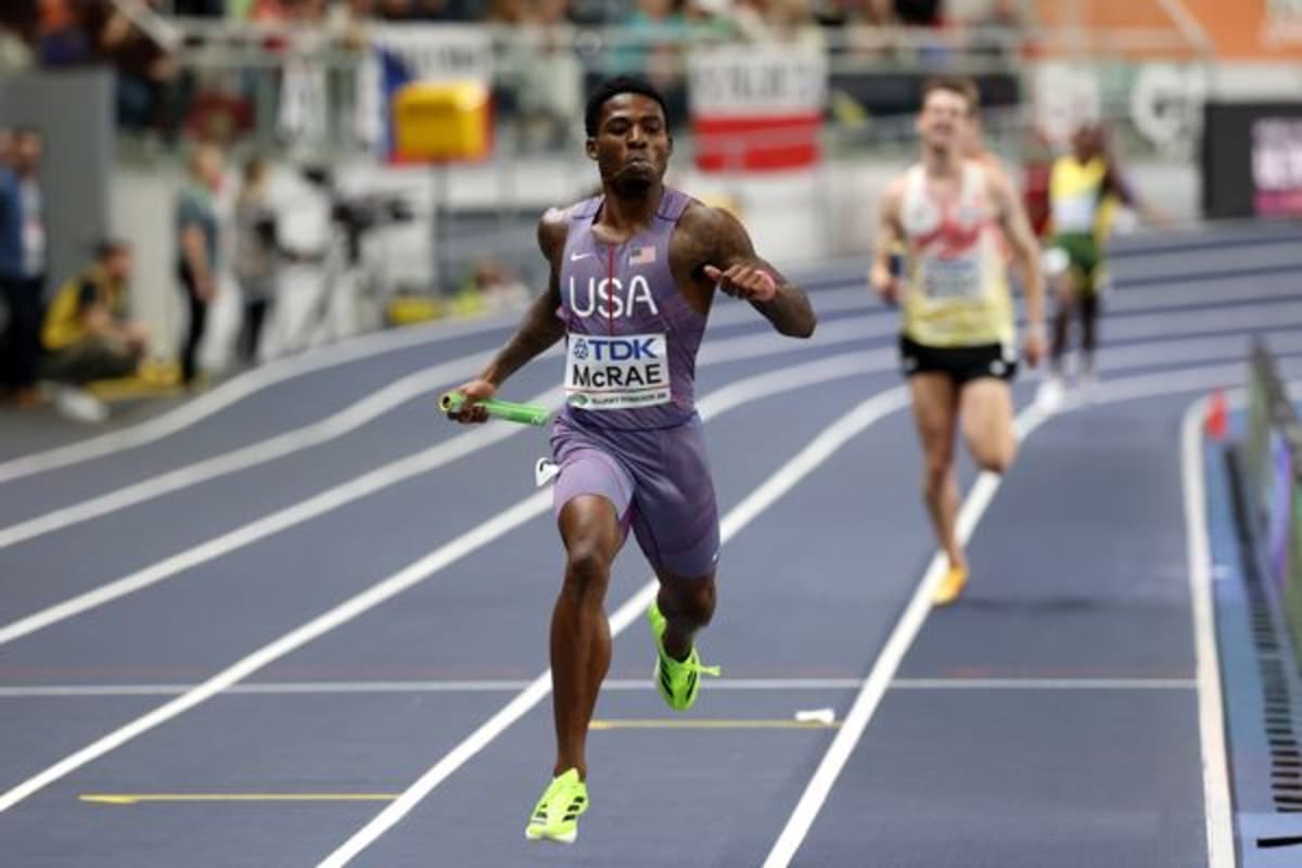Team USA celebrates after winning 4x400m relay at World Athletics Indoor Championships