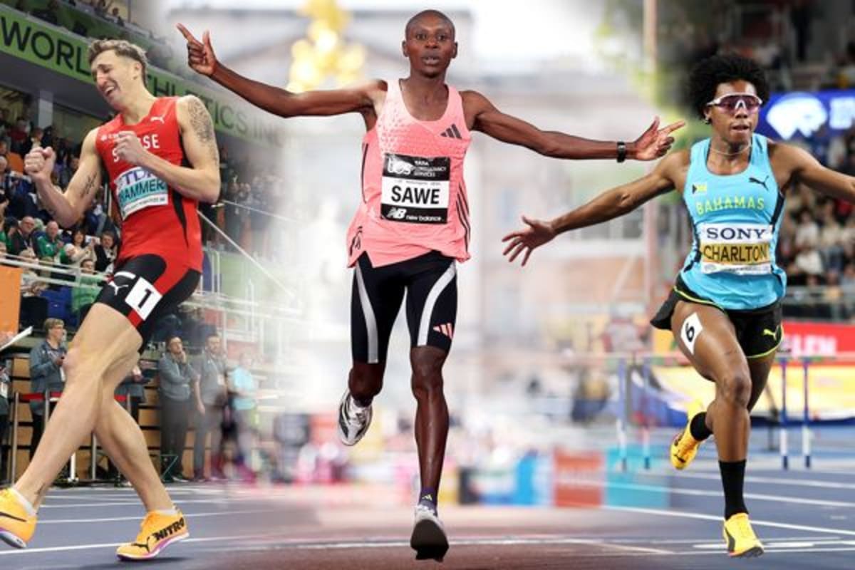 Sabastian Sawe crossing finish line at London Marathon breaking two hour barrier