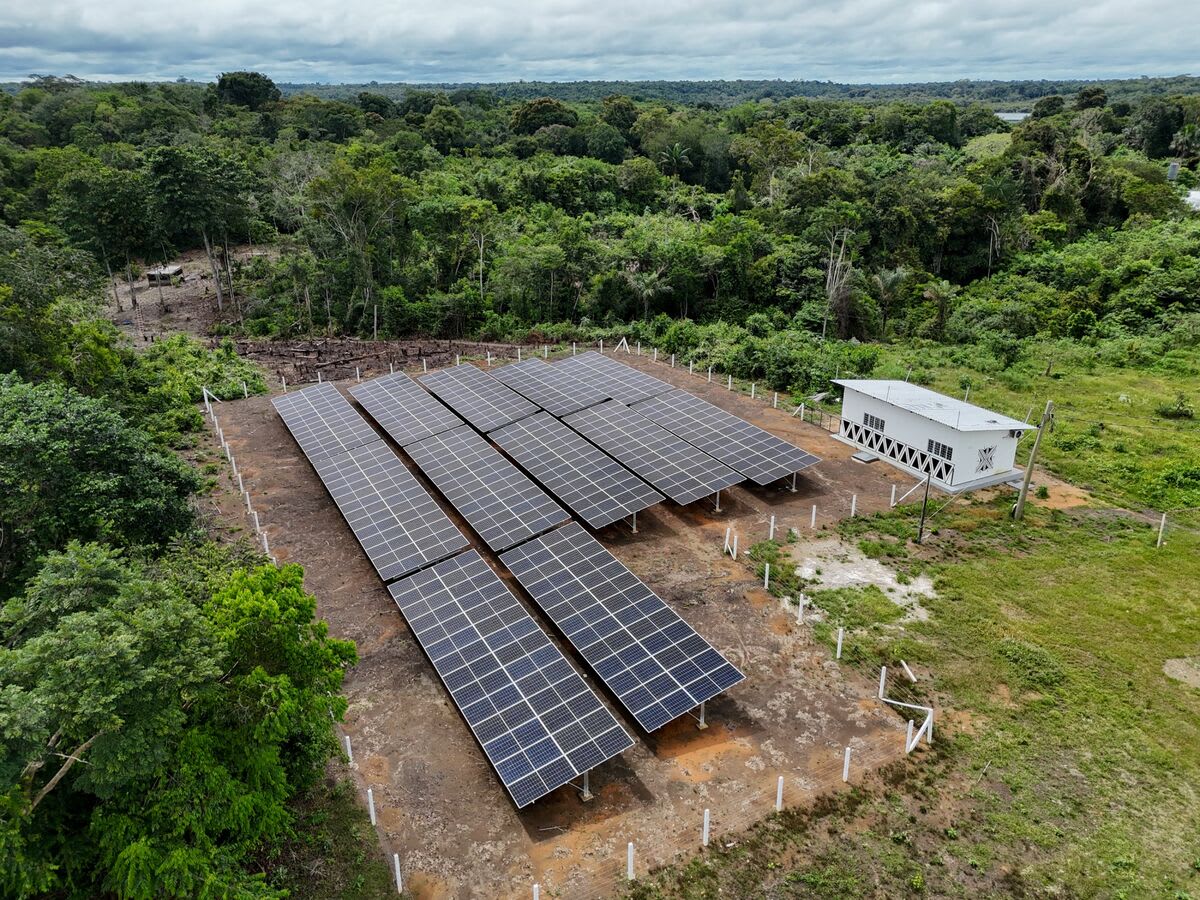 Solar panel array installed in Três Unidos, an Indigenous Kambeba community along Brazil's Negro River