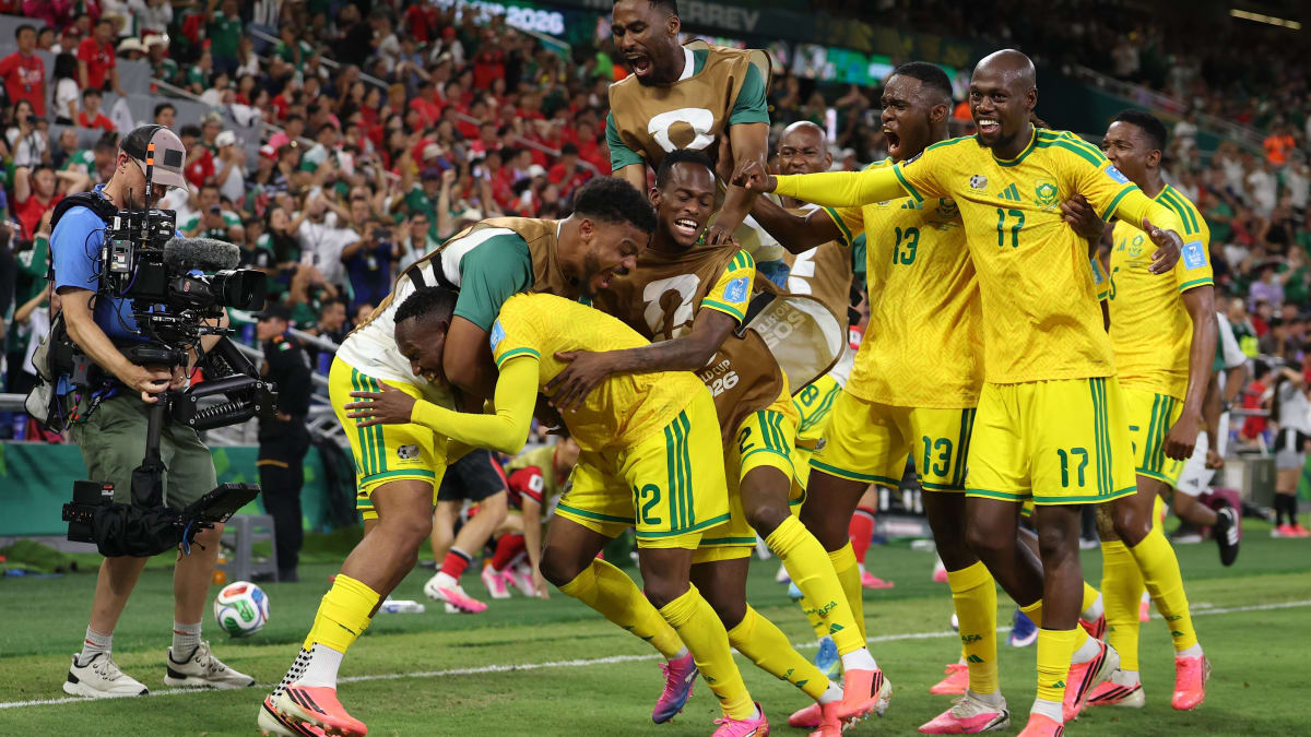 South African national soccer team players celebrating together during 2026 FIFA World Cup match
