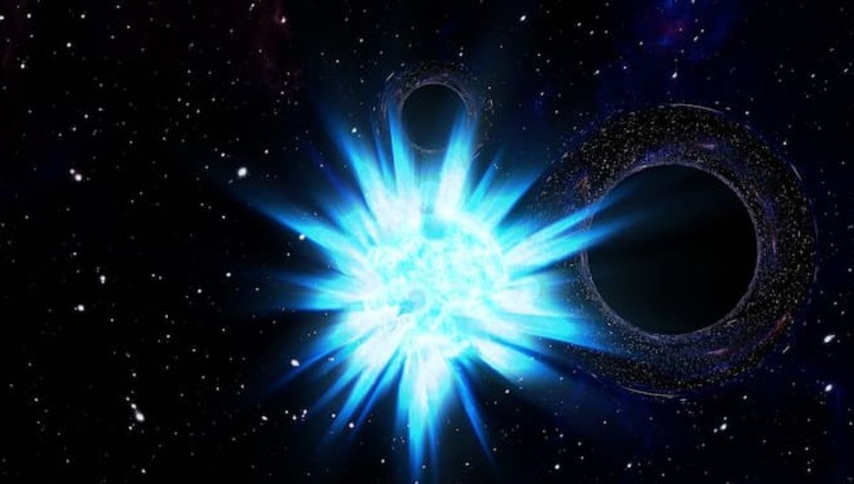 Artistic rendering of a massive supernova explosion releasing brilliant energy into space
