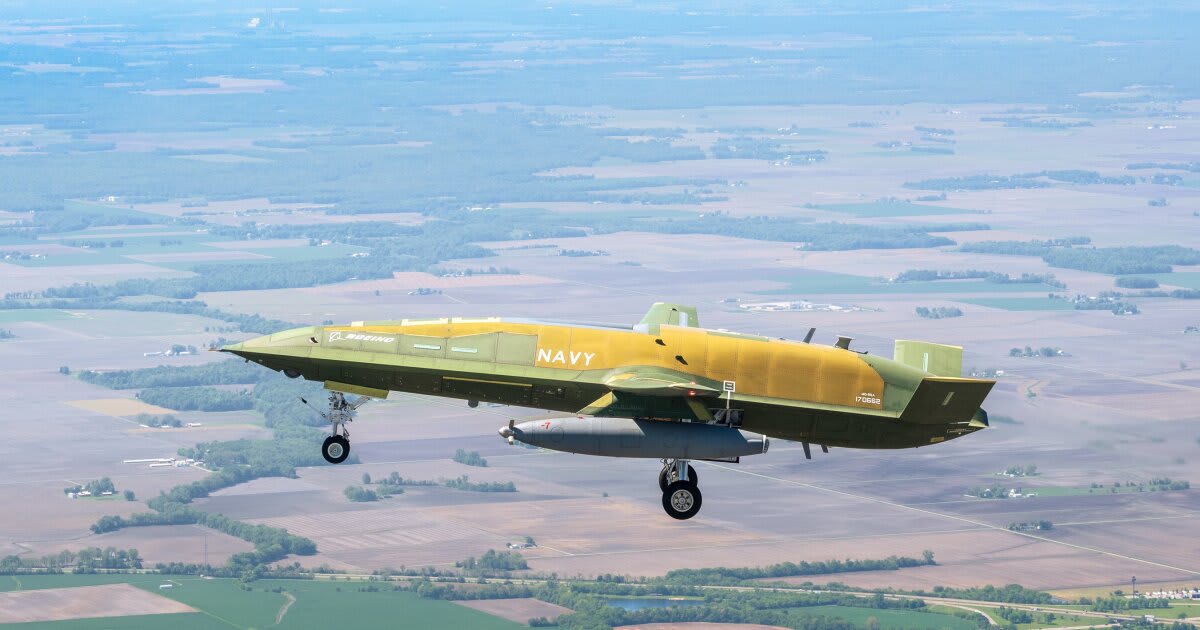 US Navy MQ-25A Stingray autonomous refueling drone flying over southern Illinois during maiden flight