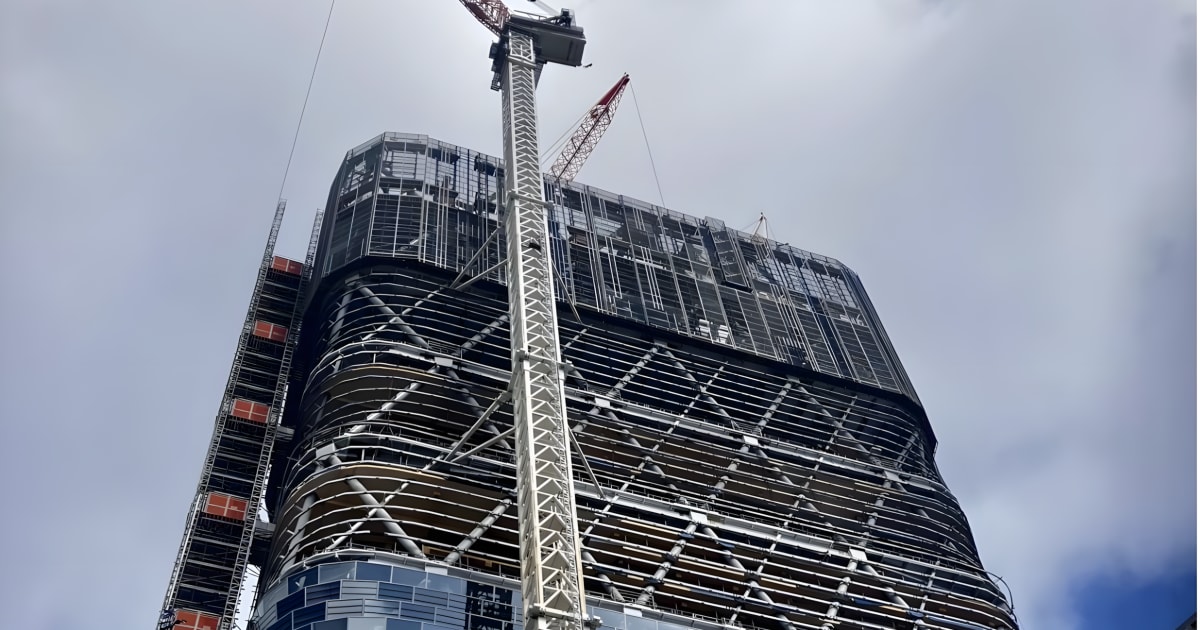 Rendering of Atlassian Central, a 600-foot timber and glass skyscraper with terraced gardens in Sydney