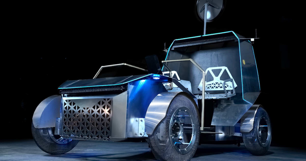 Artist rendering of Pegasus lunar rover on the Moon's rocky surface near south pole