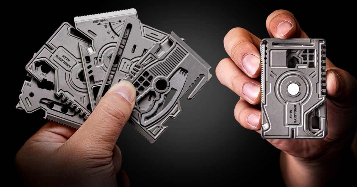 Five compact titanium multitool cards displayed with various built-in tools and cutouts visible