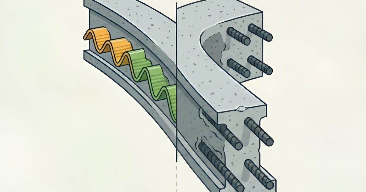 Side-by-side concrete samples showing traditional steel rebar versus experimental wavy plastic reinforcement