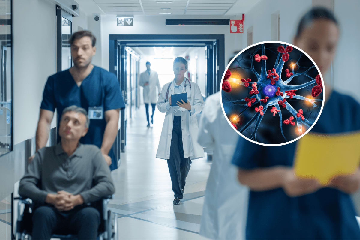 Medical illustration showing immune cells being engineered to target disease in laboratory setting