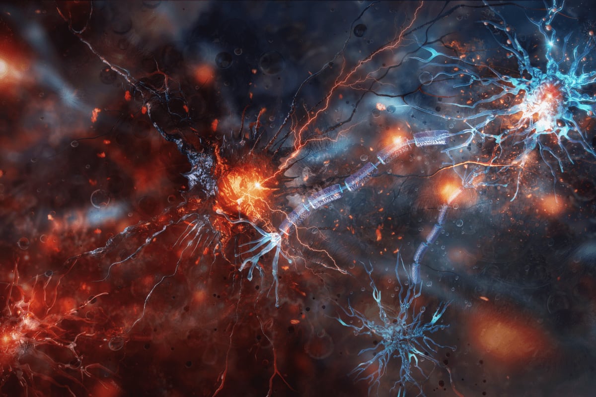 Digital illustration of brain neurons with synaptic connections showing healthy and damaged cells