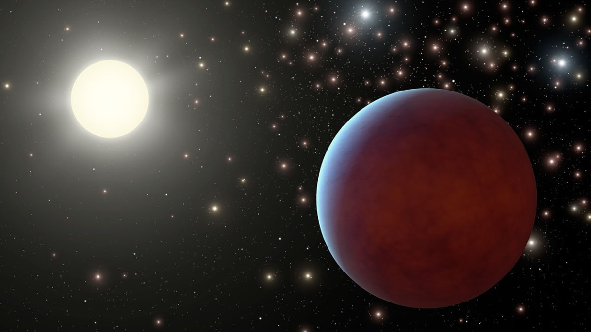 Artist's concept showing super-Earth exoplanet 55 Cancri e orbiting close to its bright star