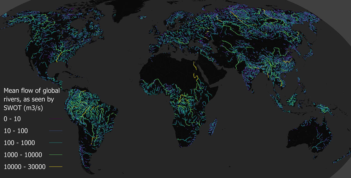 Satellite view showing global river systems mapped by NASA's SWOT mission technology
