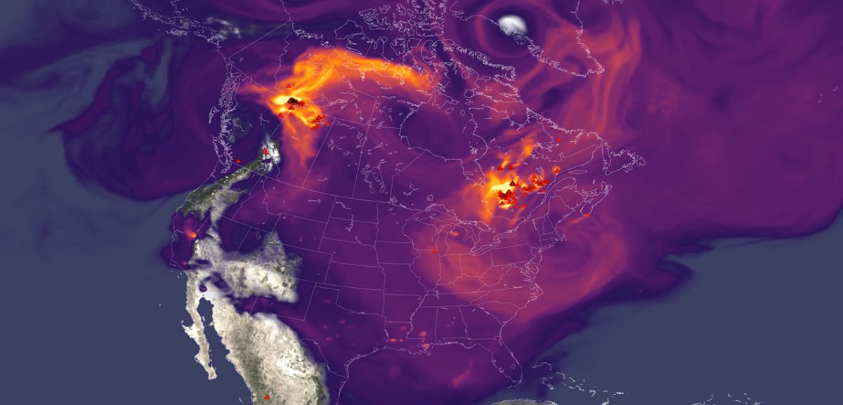 Satellite visualization showing wildfire smoke plumes spreading across North America creating ozone pollution