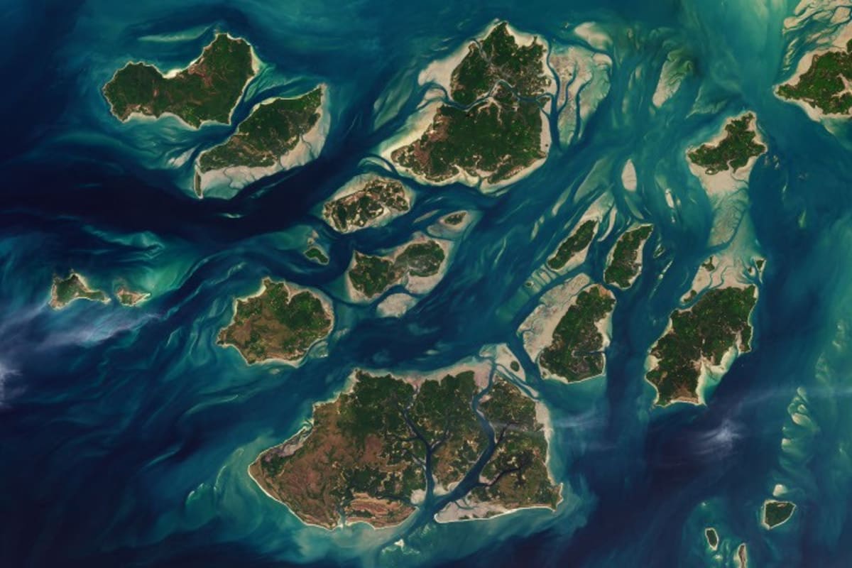 Aerial view of Bijagós Archipelago showing exposed mudflats and sandy channels during low tide