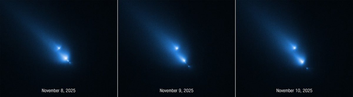 Hubble Space Telescope images showing Comet K1 fragmenting into four distinct pieces with glowing halos