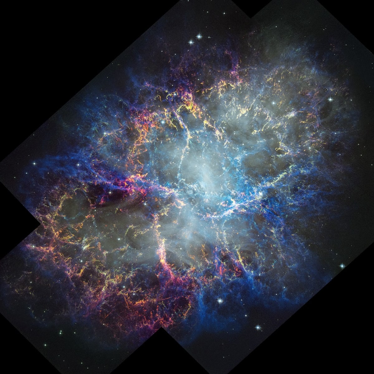 Colorful filaments of the Crab Nebula supernova remnant captured by Hubble Space Telescope