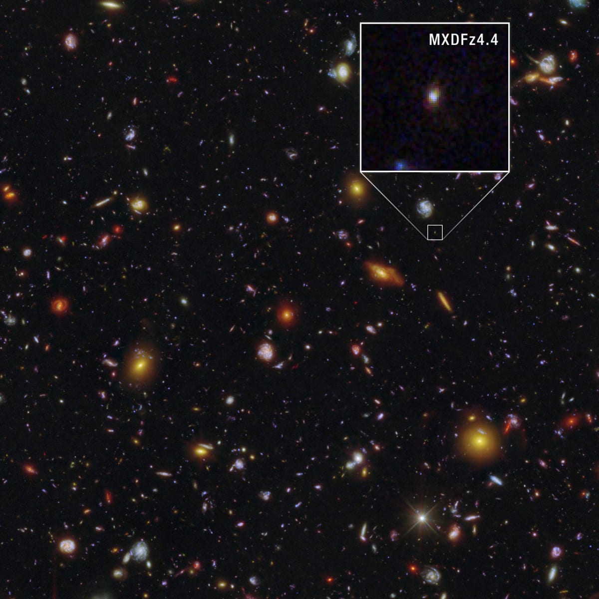 Hubble telescope image showing ancient galaxy MXDFz4.4 with bursts of young stars