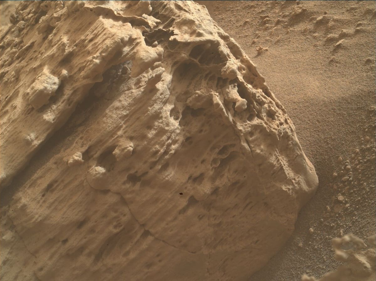 Close-up image of pitted Martian rock face called Timboy Chaco captured by Curiosity rover's camera