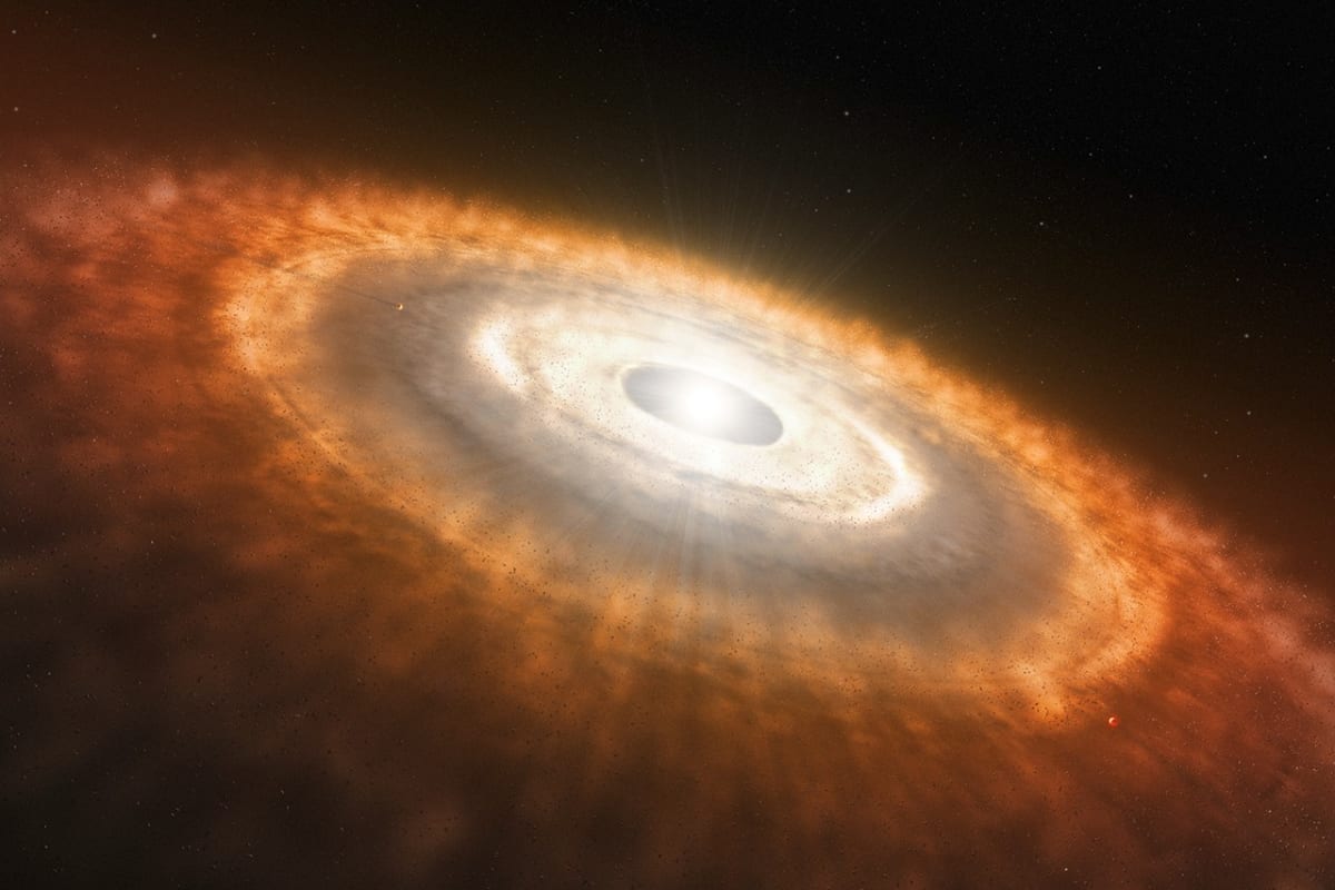 Artist illustration of young star surrounded by protoplanetary disk with darker formation rings