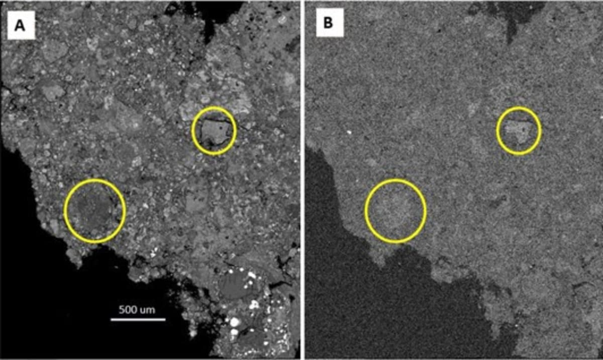 Electron microscope image showing sodium-rich mineral fragments within Hillsborough meteorite sample from New Jersey