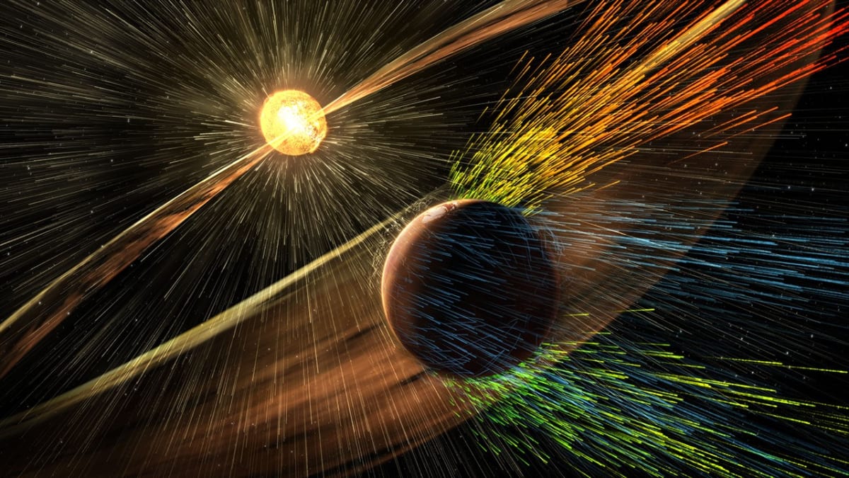 Illustration showing charged solar particles stripping away Mars' atmosphere creating auroras