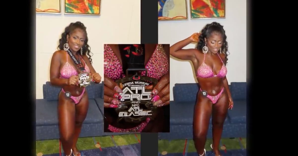 Mary Simms poses confidently in bodybuilding competition showing strength after cancer recovery