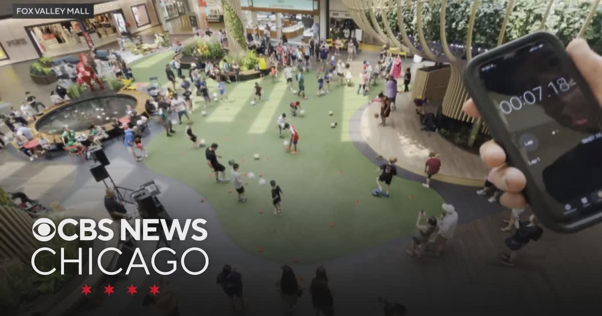 Large group of people juggling soccer balls simultaneously at Fox Valley Mall during Guinness record attempt