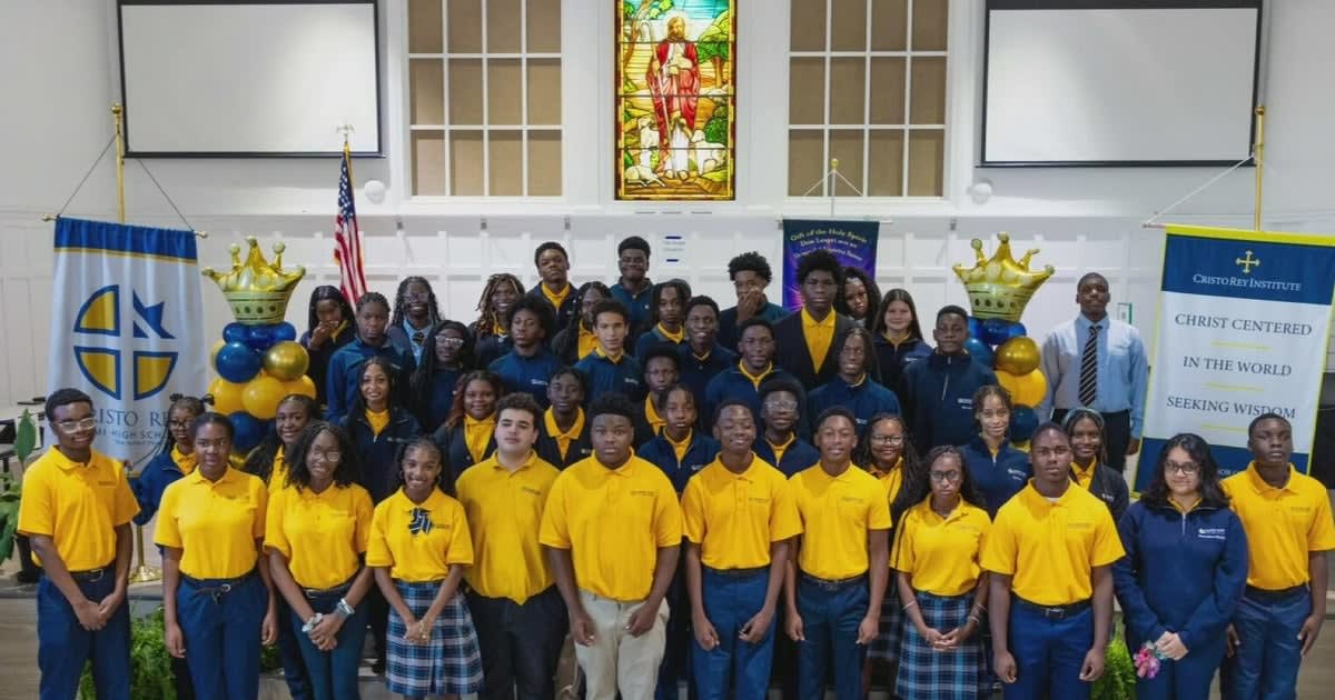 Three smiling Cristo Rey Miami High School seniors in uniform celebrating their college acceptances and scholarship awards