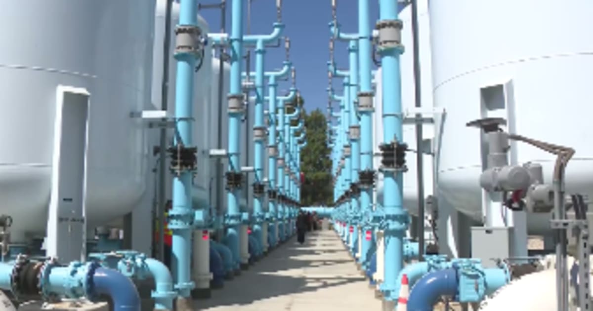 Modern water treatment facility with large tanks and filtration systems in North Hollywood, Los Angeles
