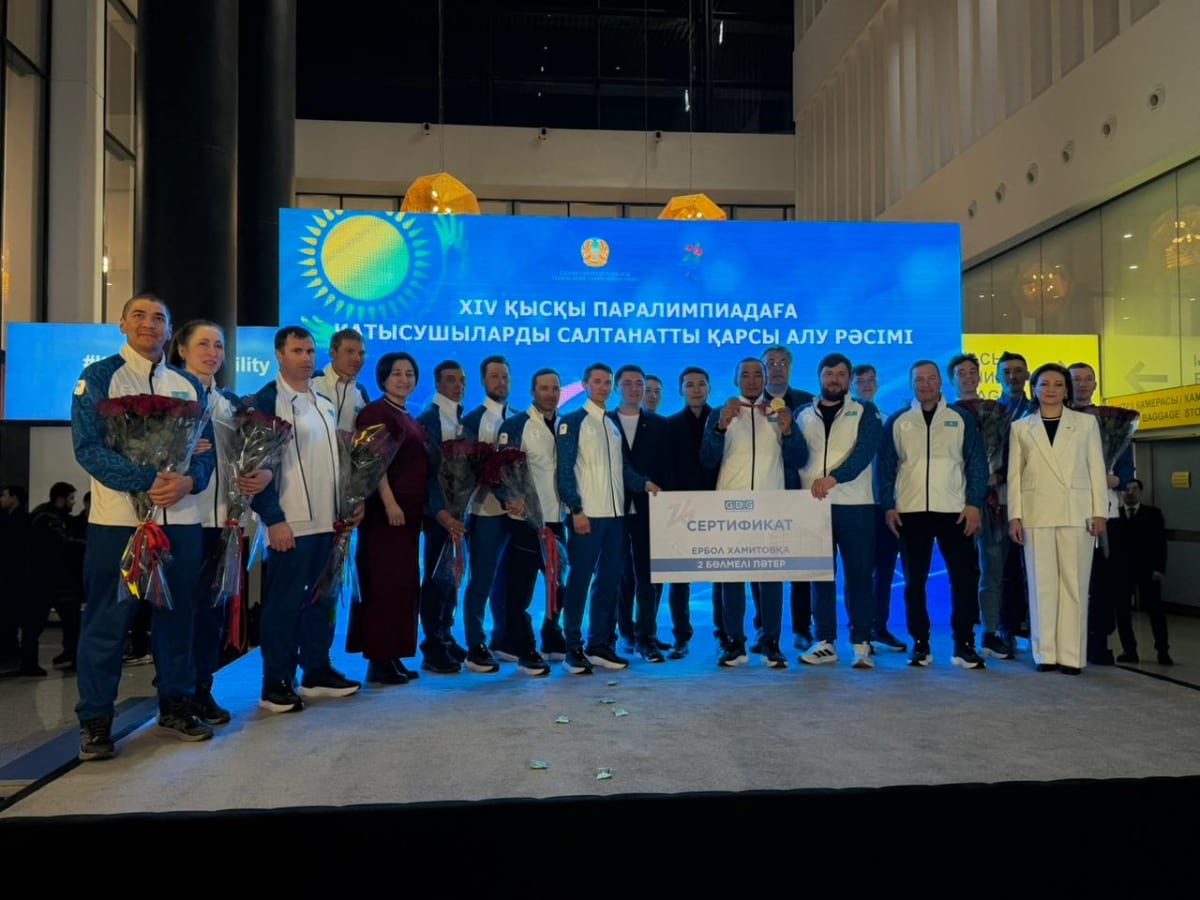Paralympic champion Yerbol Khamitov being welcomed at Astana International Airport after winning gold medals in Italy