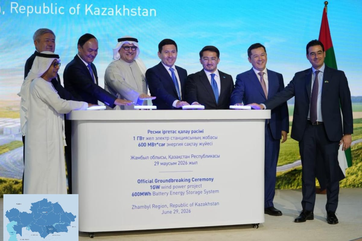 Wind farm construction ceremony with officials gathered at groundbreaking event in Kazakhstan