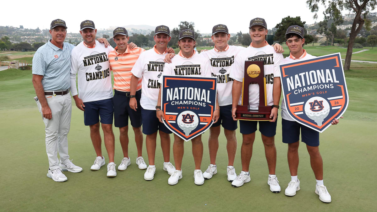 ** Auburn Tigers men's golf team celebrates their 2026 NCAA Championship victory on the course