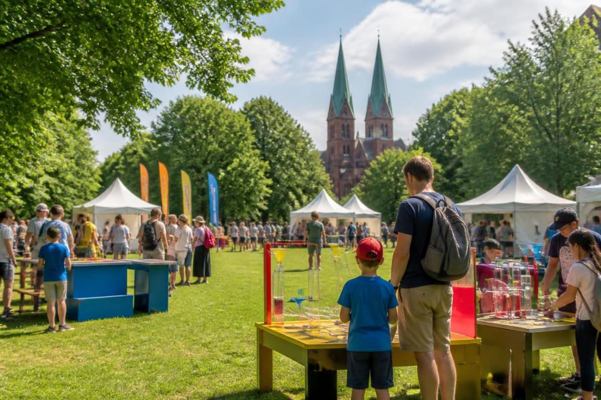 Children conducting hands-on science experiments at outdoor festival stations in Bremen park